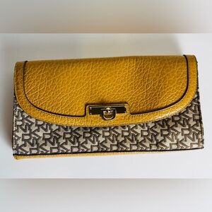 Vintage DKNY Mustard Leather Logo Wallet Clutch Brown Monogram Snap Closure